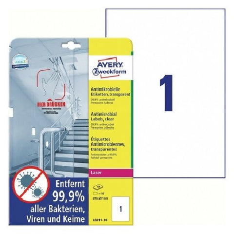 Avery Printable Film Labels with Antimicrobial in A4 Format, Clear, 10 Labels Per 10 Pages.