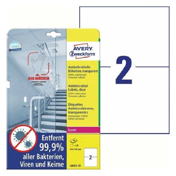 Avery Printable Film Labels with Antimicrobial in A4 Format, Clear, 20 Labels Per 10 Pages.