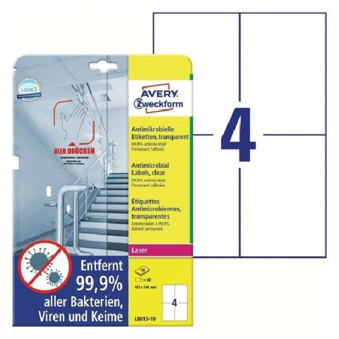 Avery Printable Film Labels with Antimicrobial in A4 Format, Clear, 40 Labels Per 10 Pages.