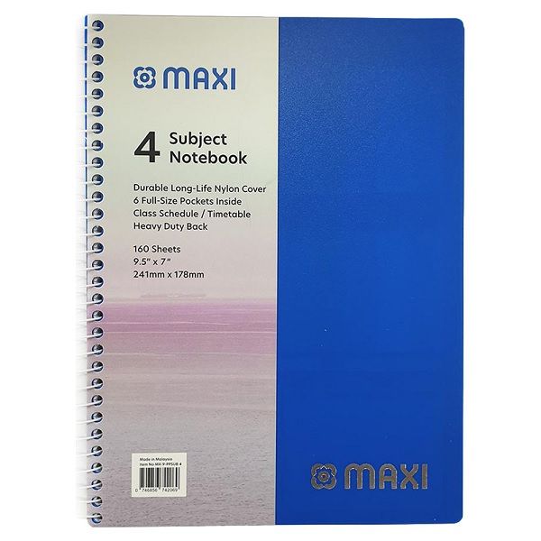 Maxi - 160 Sheets Spiral 4 Subjects Notebook 9.5" x 7.