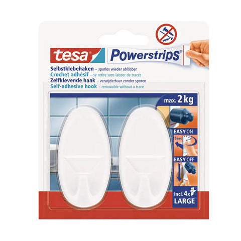 Tesa Power Strips Hooks Large Oval -White , 2 Hooks / 4 Strips.
